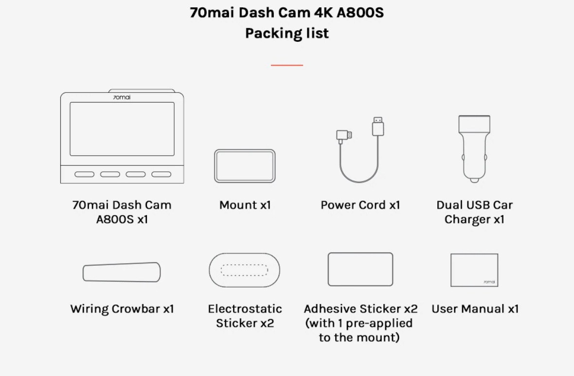 Obsah balenia autokamery 70mai Dash Cam A800